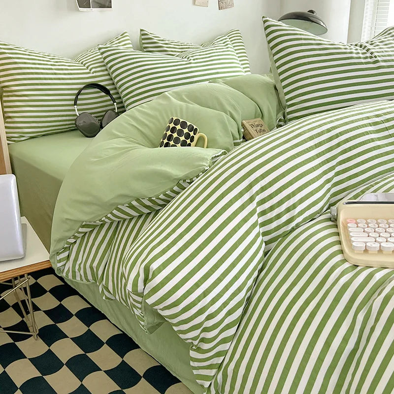 Japanese Style Bedding Sheet Set No Filler Striped Grid Minimalist Duvet Cover Pillowcase Double Queen Washed Cotton Bed Linens