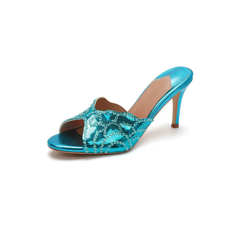 Sexy Beaded Open Toe Slippers with Sparkling Sequins and Slim Heel