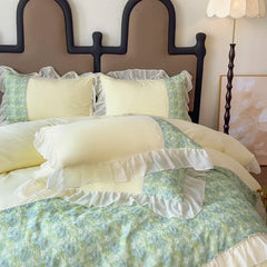 3/4Pcs Korean Princess Style Luxury Haute Couture Chiffon Lace Ruffle Queen/King Size Quilt Cover Bed Skirt Double Bedspreads