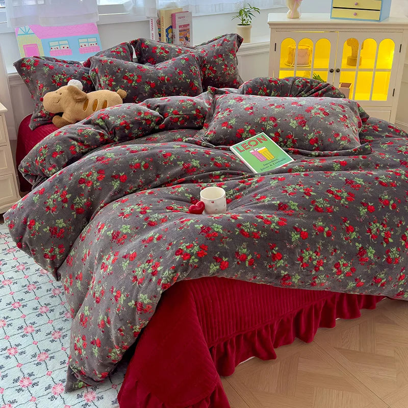 Winter Velvet Quilt Duvet Cover Suit Soft Plush Comforter Cover Queen King Bedding Set