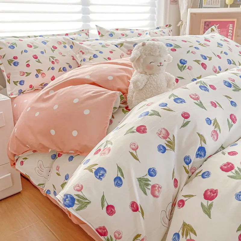Cute Cartoon Duvet Cover Set No Filler Ins Full Queen Size Comforter Cover Sheet Pillowcase Skin-friendly Girl Home Bedding Set