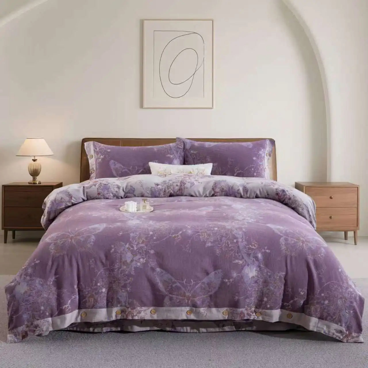 100% Cotton Butterfly Flowers Jacquard Purple Luxury Bedding Set