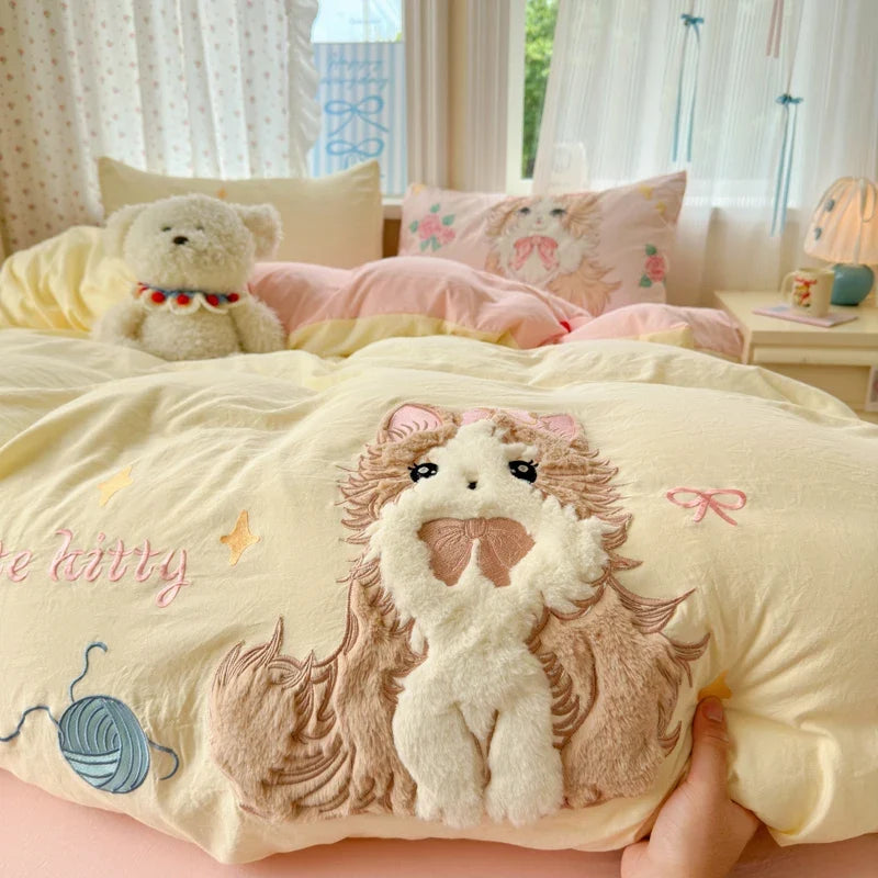 Cute Pink Cartoon Cat Bow Towel Embroidery Girls Kids Bedding Set