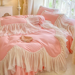 4/6Pcs Pink White Princess Wedding Bedding Sets