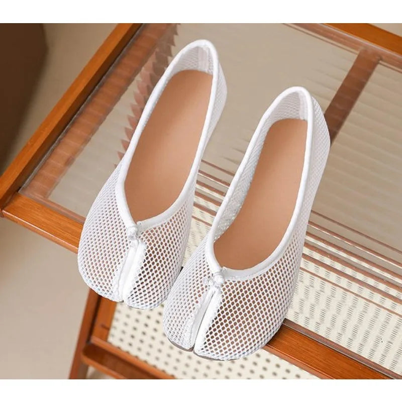 Hollow Out Mesh Split Toe Women Tabi Ballet Flats Comfortable Walking Loafers Casual Ladies Dance Shoe Zapatos De Mujer