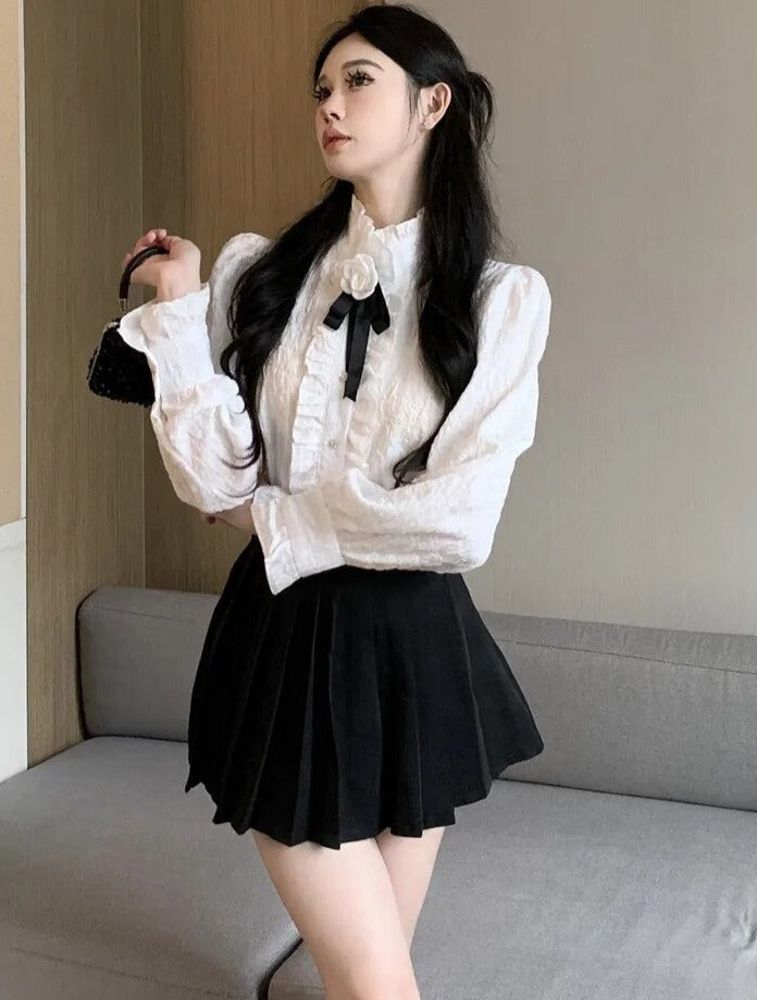 Eliska Academia Aesthetic Camellia Brooch Shirt