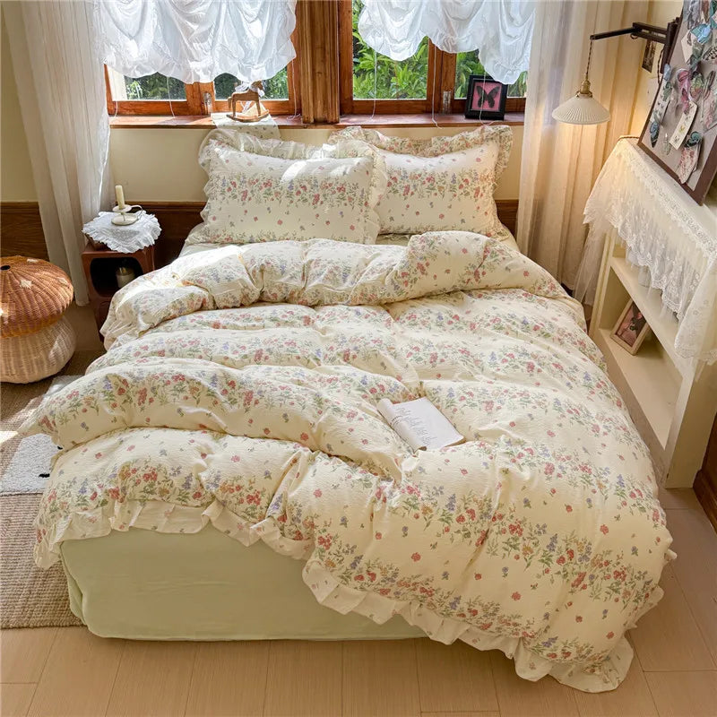 3/4Pcs Korean Princess Style Floral Printing Bedding Set