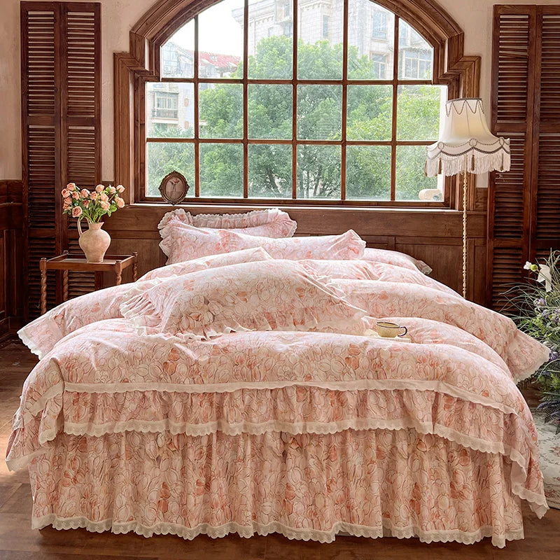 4/6Pcs  Korean Princess Style Rose Print Lace Ruffles Bedding Sets
