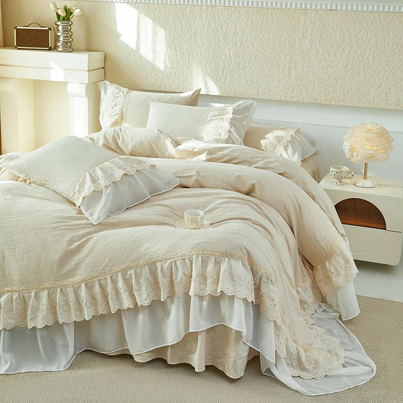 Cotton Linen Blend Vintage French Style Double Layer Lace Ruffles Princess Bedding Set