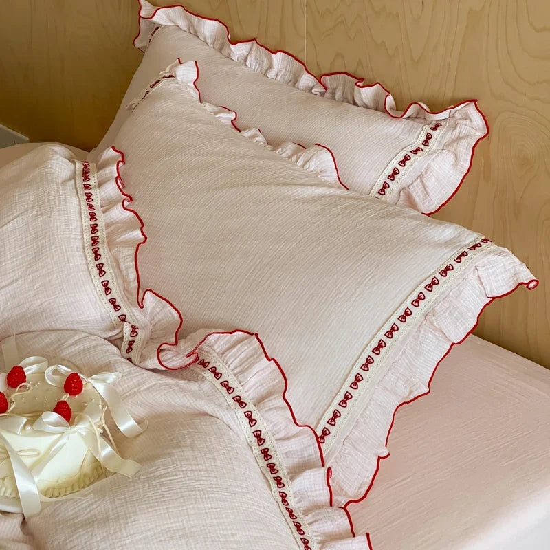 100% Cotton Double Yarn Bedding Set, Soft Ruffle Duvet Cover with Pillowcases, Queen King Size Pink Bed Linen for Girls Bedroom