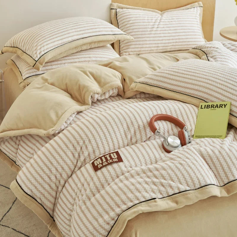 Japanese Striped Milk Velvet Bedding Set