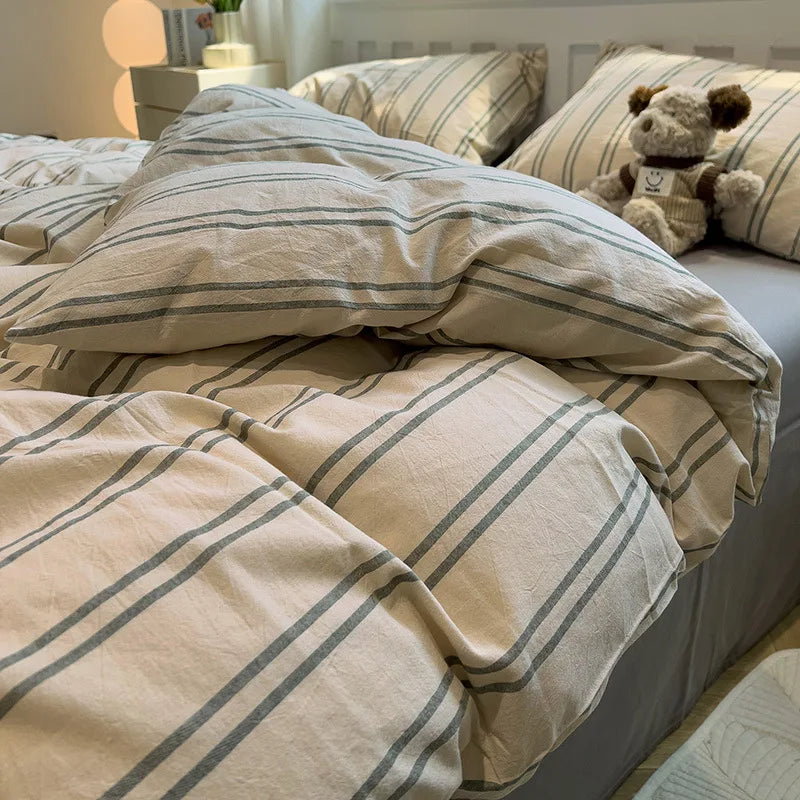 Simple Style Stripe Duvet Cover Set Bed Sheet Set Washed Cotton Bedding Set