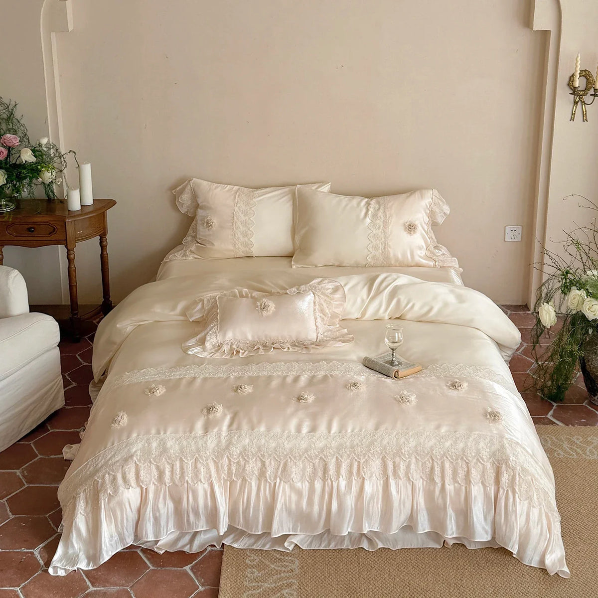 Luxury Lace Ruffles Lyocell Bedding Set, Soft Cooling Flower Duvet Cover Set Bed Sheet/Bed Skirt/Fitted Sheet Pillowcases 4Pcs