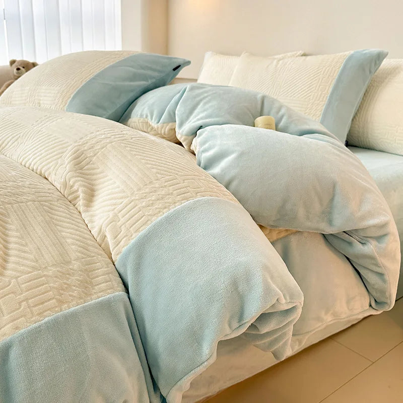 Winter Carved Milk Velvet Duvet Cover Set with Sheet and Pillowcase Thicken Bedding Set