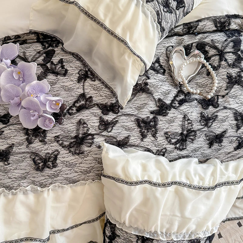 4Pcs French Vintage Princess Style Embroidered Chiffon Lace Ruffle Luxury Bedding Set