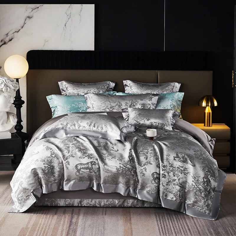 4/6Pcs Luxury Beige Gold Brocade Jacquard Egyptian Cotton Patchwork Bedding Set
