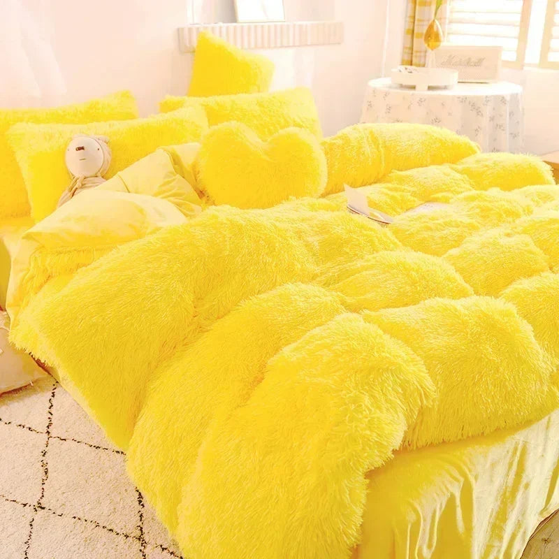 Solid Color Fluffy Long Plush Winter Bedding Set