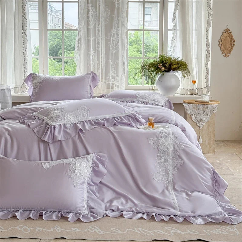 Pink Flowers Embroidery Ruffles Princess Wedding Bedding Set
