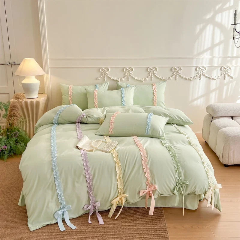 3/4Pcs Pink Ins-Style Princess Colorful Bow Bedding Set