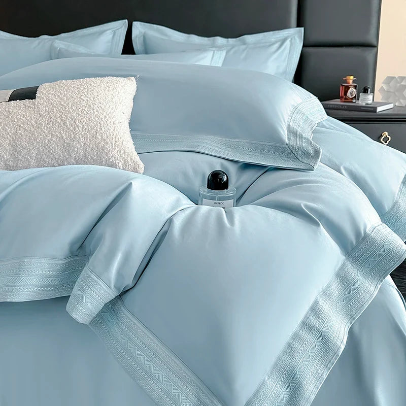 600TC Egyptian Cotton Embroidery Wide Edge Luxury Solid Color Bedding Set
