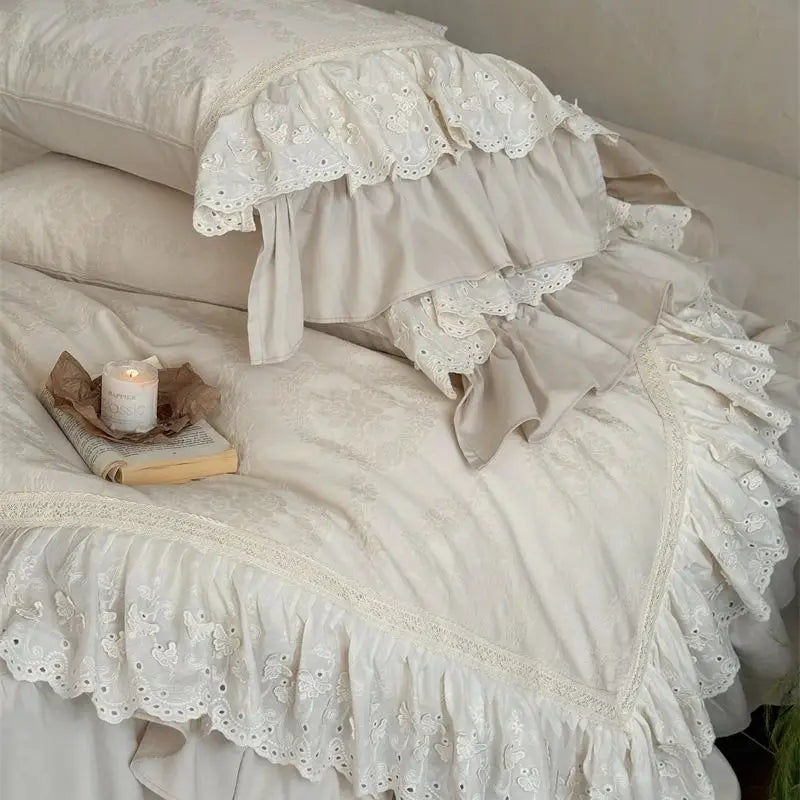 Vintage Jacquard Double Layer Butterfly Lace Ruffles Bedding Set