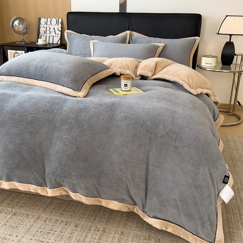 Winter Coral Velvet Duvet Cover Set with Bed Sheets and Pillowcase Warm Keep Skin Friendly Bedding Four Piece Set Quilt Cover