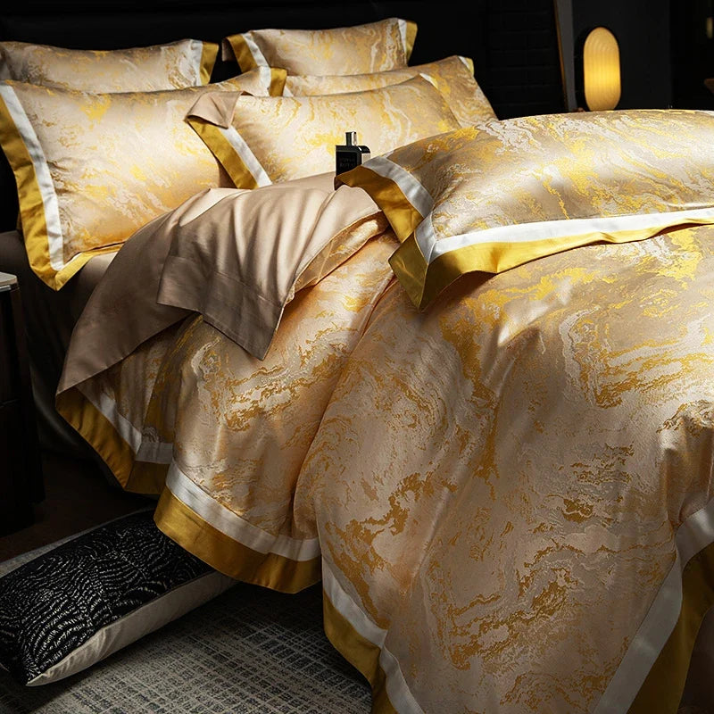 1000TC Cotton Luxury Black Gold Satin Jacquard Bedding Set