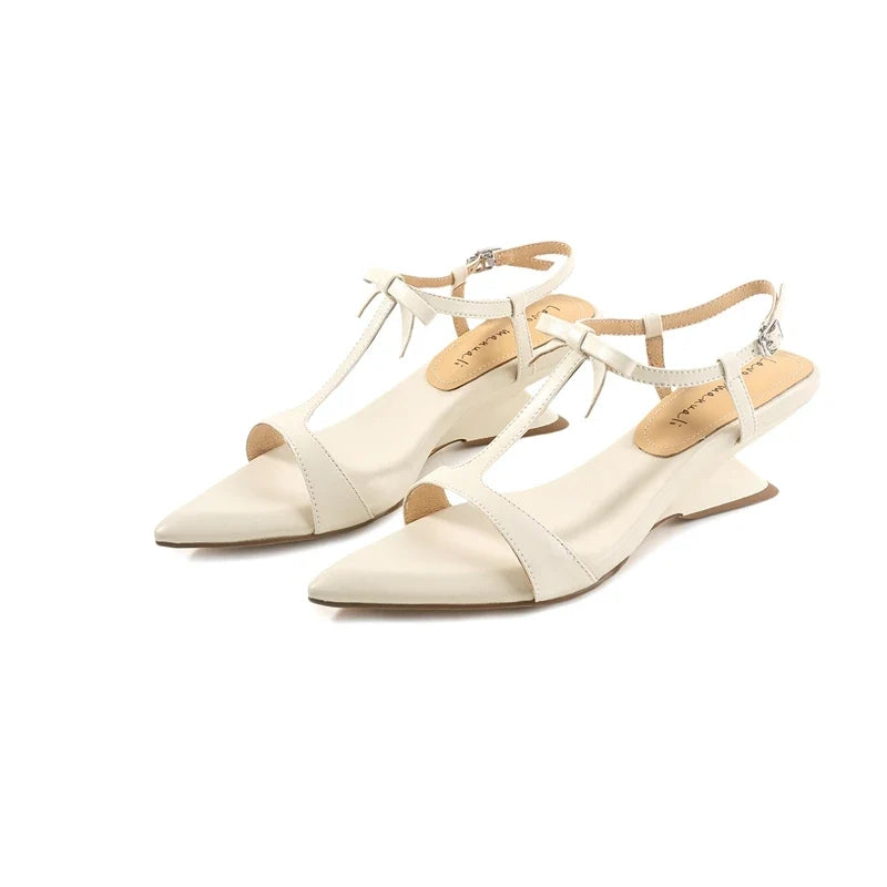 Leather Sheepskin Pointed Bow Wedge Heel