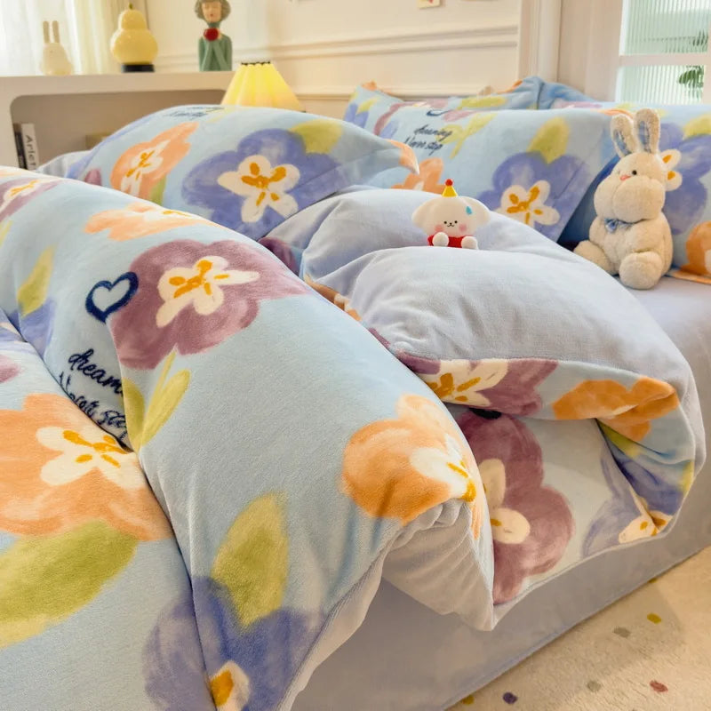 Cartoon Print Milk Velvet Duvet Cover Set Sheet Pillowcase Winter Plush Comforter Cover Set Home Textile Queen King Bedding Set