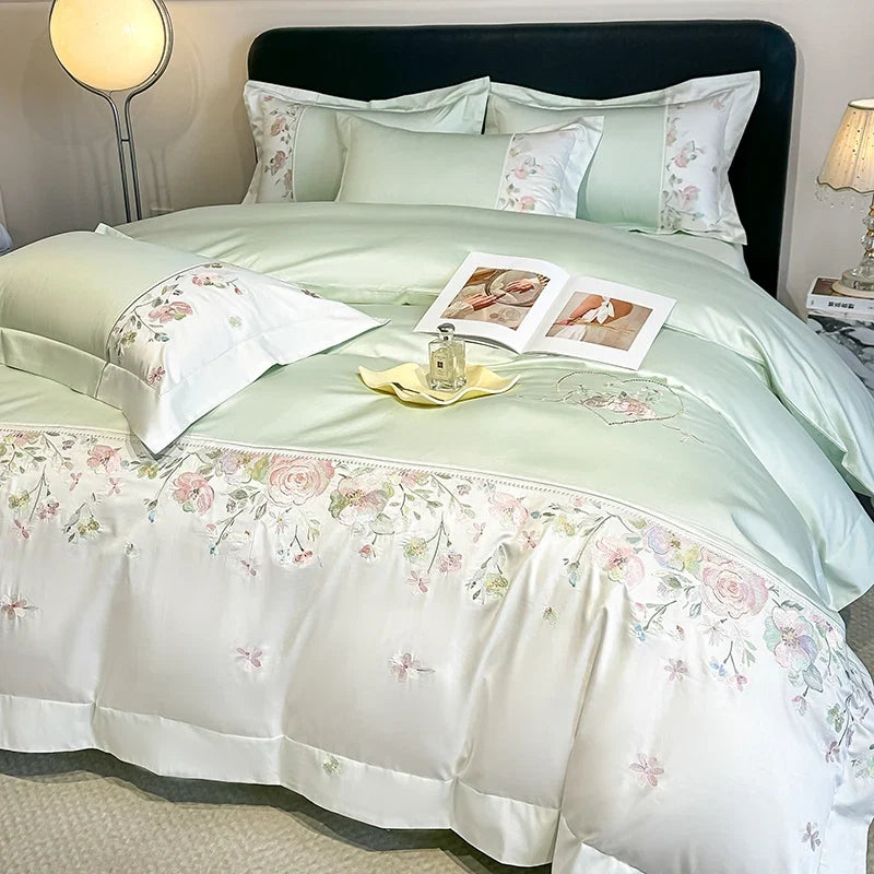 100% Cotton Chic Flowers Embroidery Luxury Double Queen King Size Bedding Set