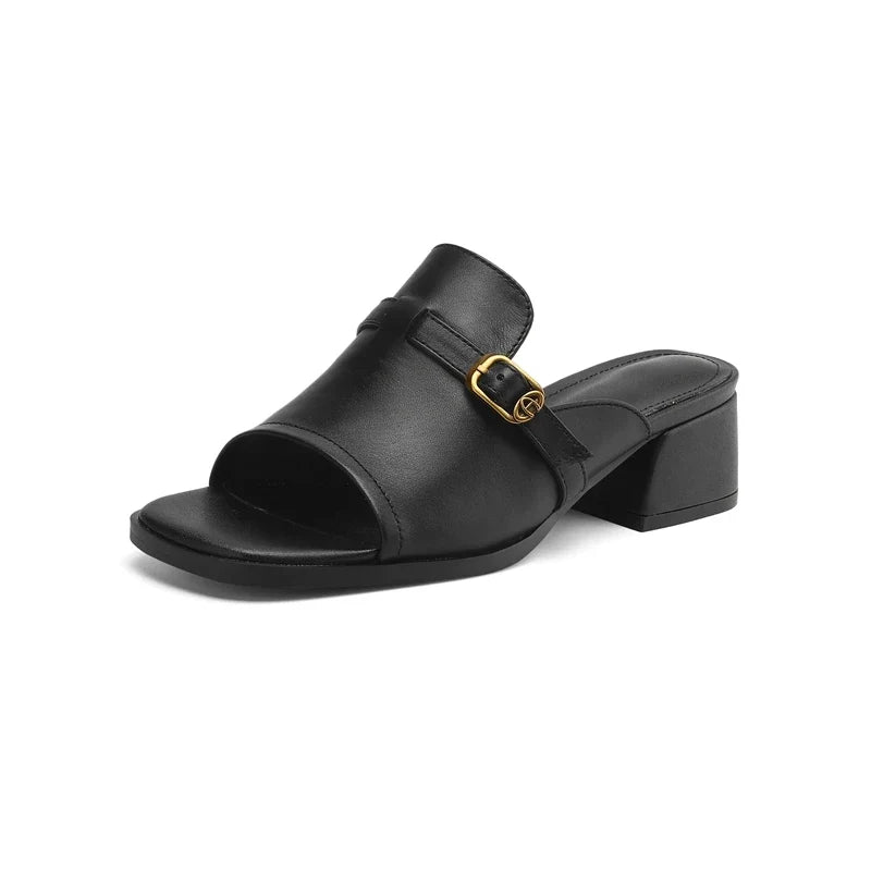 Metal Belt Buckle Round Head Exposed Toe Breathable Cool Mid Heel