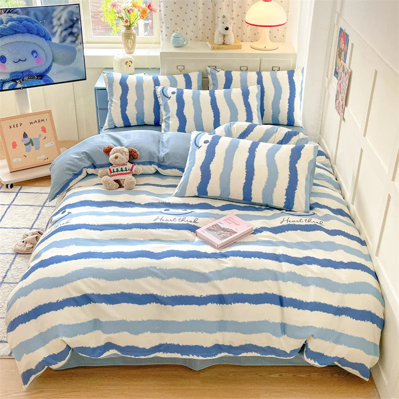 Heart Pattern 100% Cotton Duvet Cover Set with Flat Sheet or Fitted Sheet 3/4 Pcs Soft Breathable Queen King Size Bedding Set