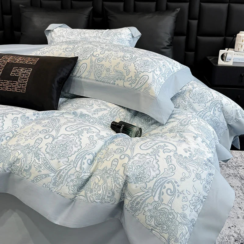 Luxury 600TC Egyptian Cotton Floral Bedding Set, Elegant Flower Duvet Cover Set with Contrast Border, Bed Sheet Pillowcases 4Pcs