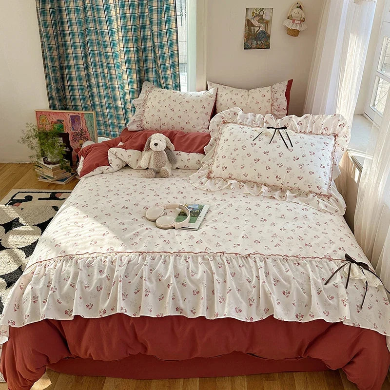 3/4Pcs Korean Princess Style Bow Ruffles Bedding Set