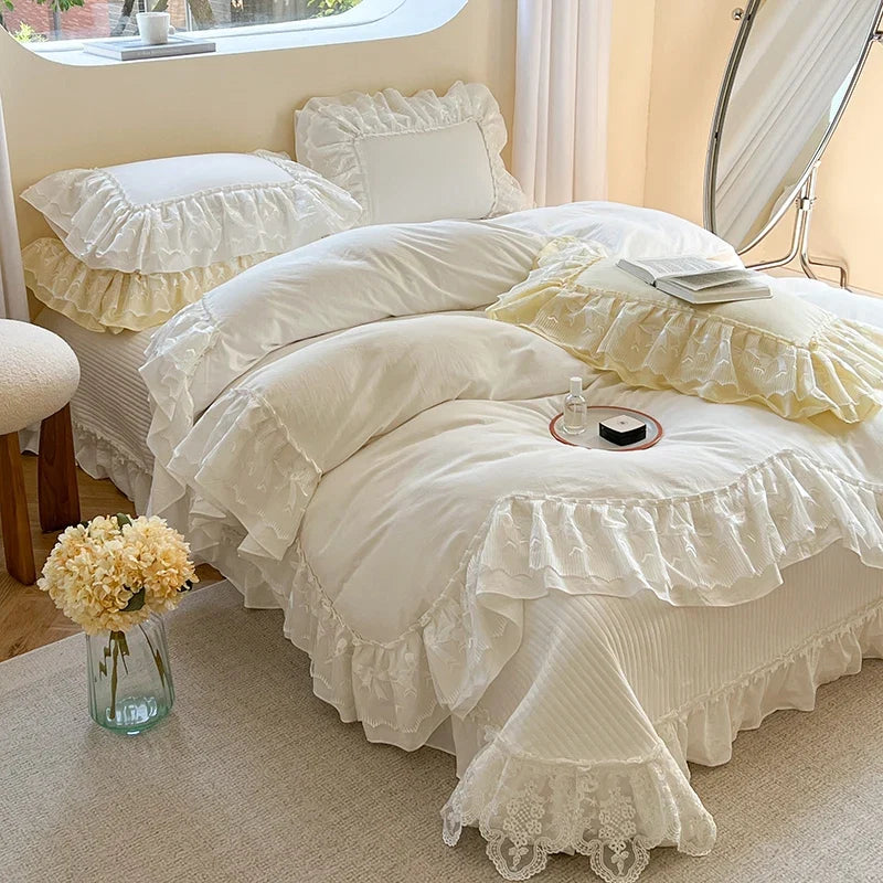 100% Cotton Korean Princess Wedding Lace Ruffles Bedding Set