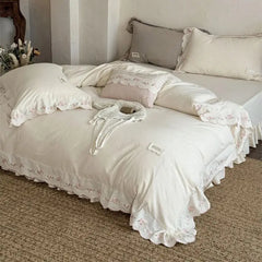 Vintage French Lace Flowers Embroidery Natural Cotton Linen Princess Bedding Set