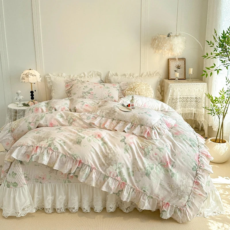 4/6Pcs Pure Cotton French Flowers Prints Ruffles Princess Bedding Set
