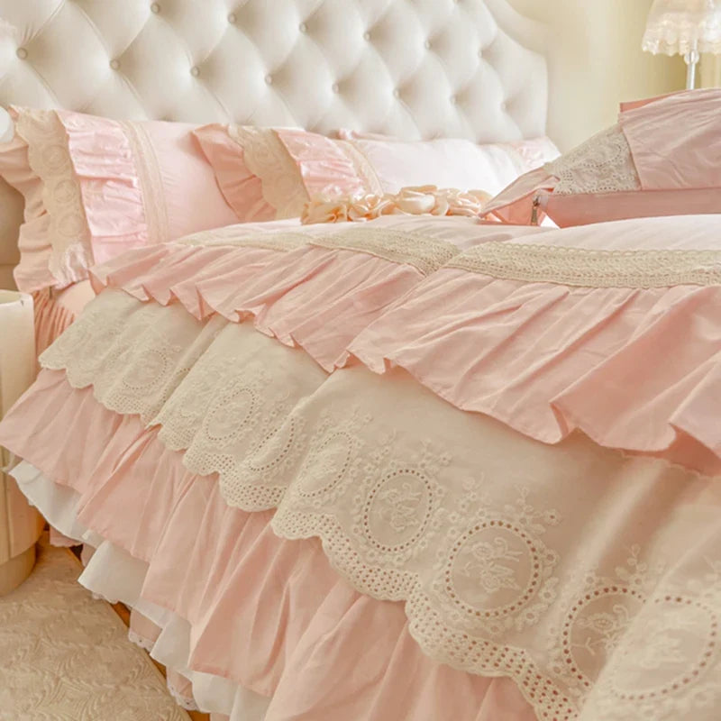 Pink Korean Princess Wedding 100% Cotton Bedding Set