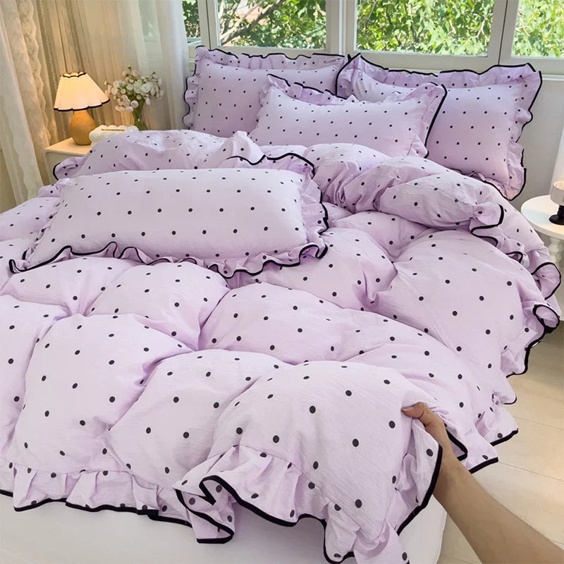 Heart Print Duvet Cover Set Princess Style Lace Ruffles Bedding Set