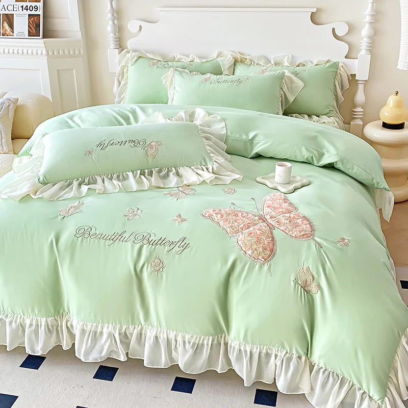3/4Pcs Korean Princess Style Washed Cotton Three-Dimensional Embroidered Butterfly Queen Size Bedding Set