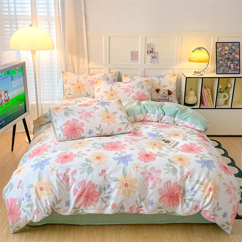 Heart Pattern 100% Cotton Duvet Cover Set with Flat Sheet or Fitted Sheet 3/4 Pcs Soft Breathable Queen King Size Bedding Set
