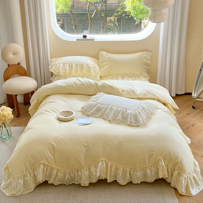 100% Cotton Korean Princess Wedding Lace Ruffles Bedding Set