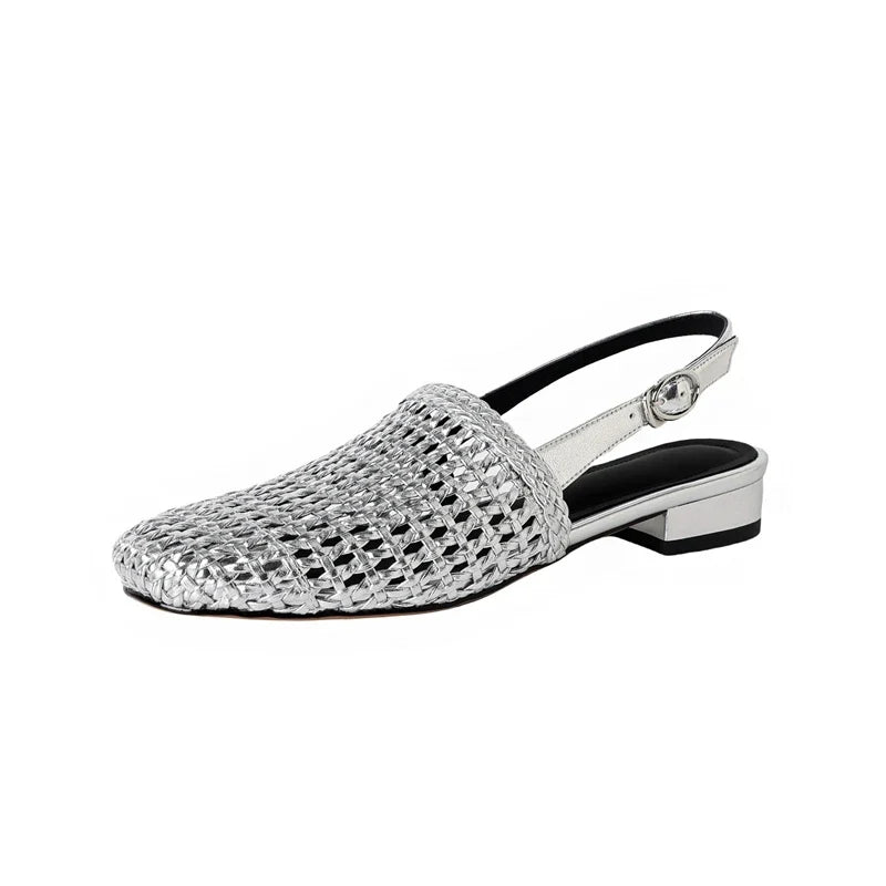 Square Headed Cowhide Woven Elastic Band Breathable Hollow Low Heel