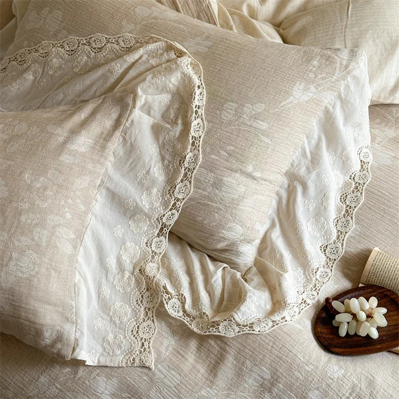 Vintage Floral Jacquard Cotton Linen Blend Lace Embroidery Luxury Bedding Set