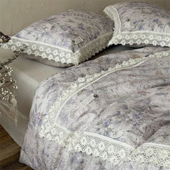 Natural Cotton Linen Butterfly Flowers Prints Lace Bedding Set