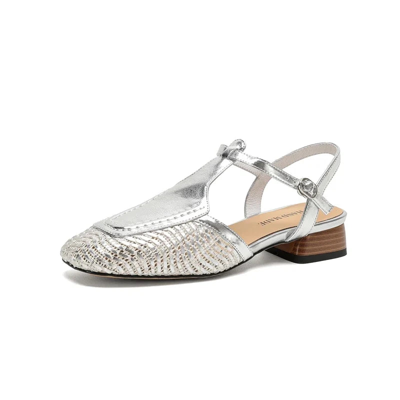 leather cowhide hollow weave low Heel