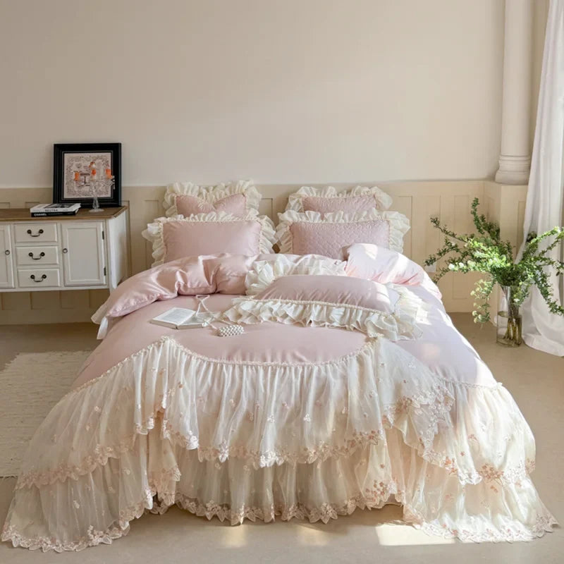 4Pcs Romantic Double Layer Lace Princess Wedding Bedding Set