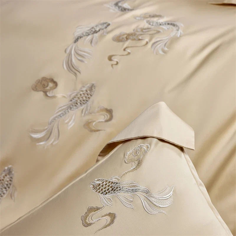 Chinese Style Koi Embroidery 1000TC Lyocell Cotton Brushed Bedding Set
