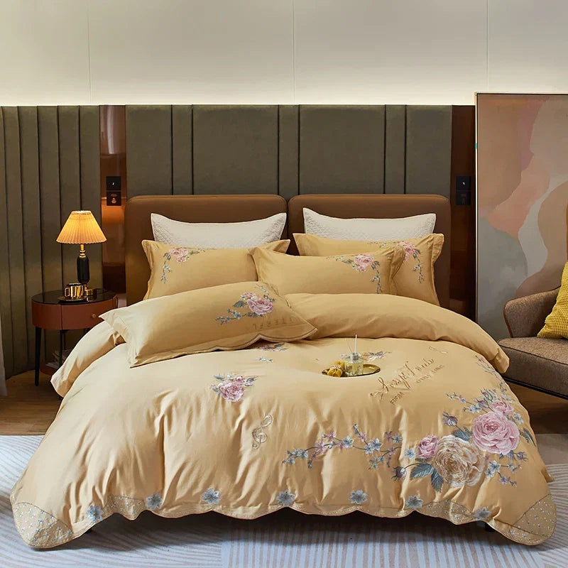 Peony Flowers Embroidery Luxury Bedding Set