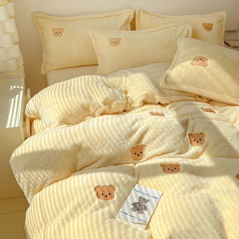 Cartoon Embroidered Plush 4pcs Bedding Set